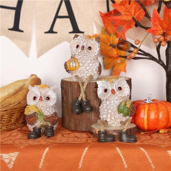 Set of 3 Thanksgiving Figurines, Resin Owl Shelf Sitters with Dangling Legs - Picture 6 of 8